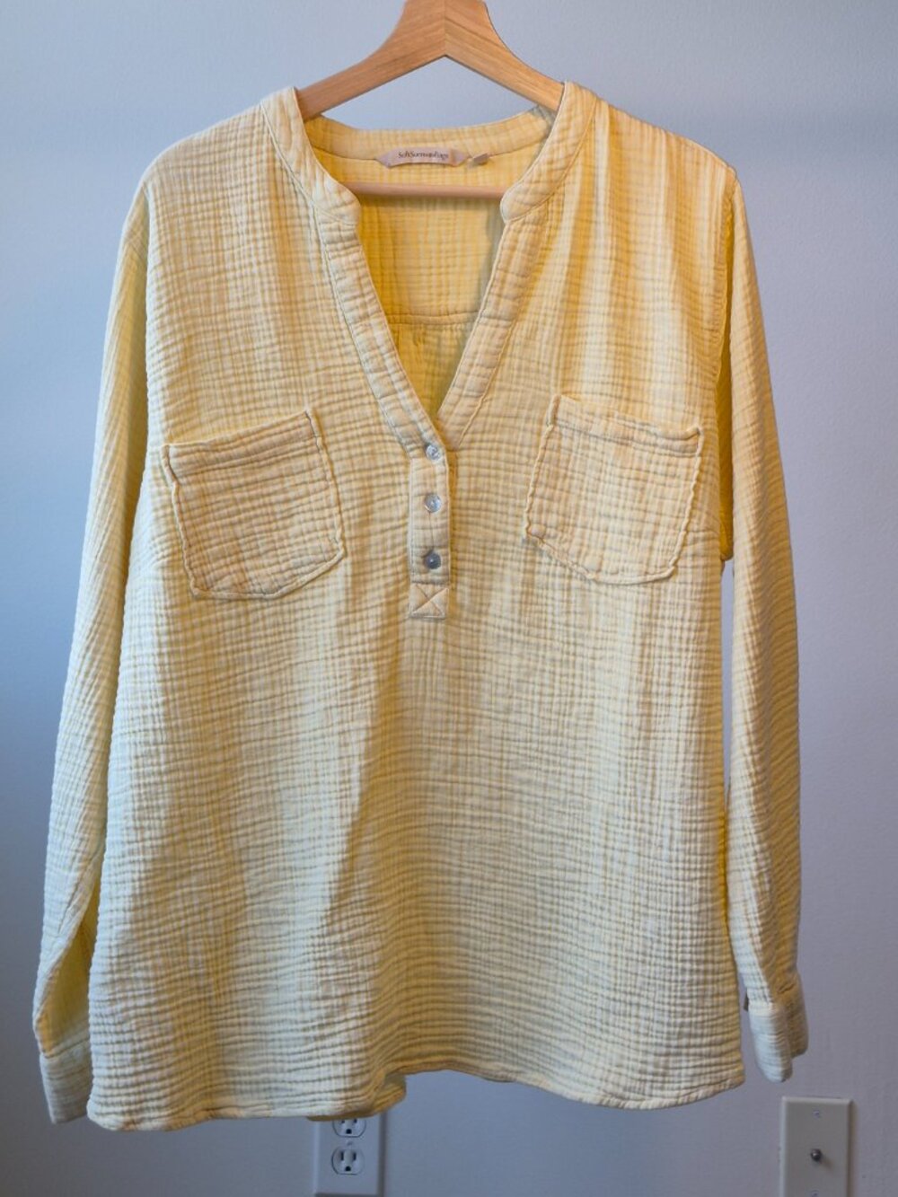 Soft Surroundings Tunic Top Women 2X Yellow Gauze Cotton Boho Split Neck Pockets